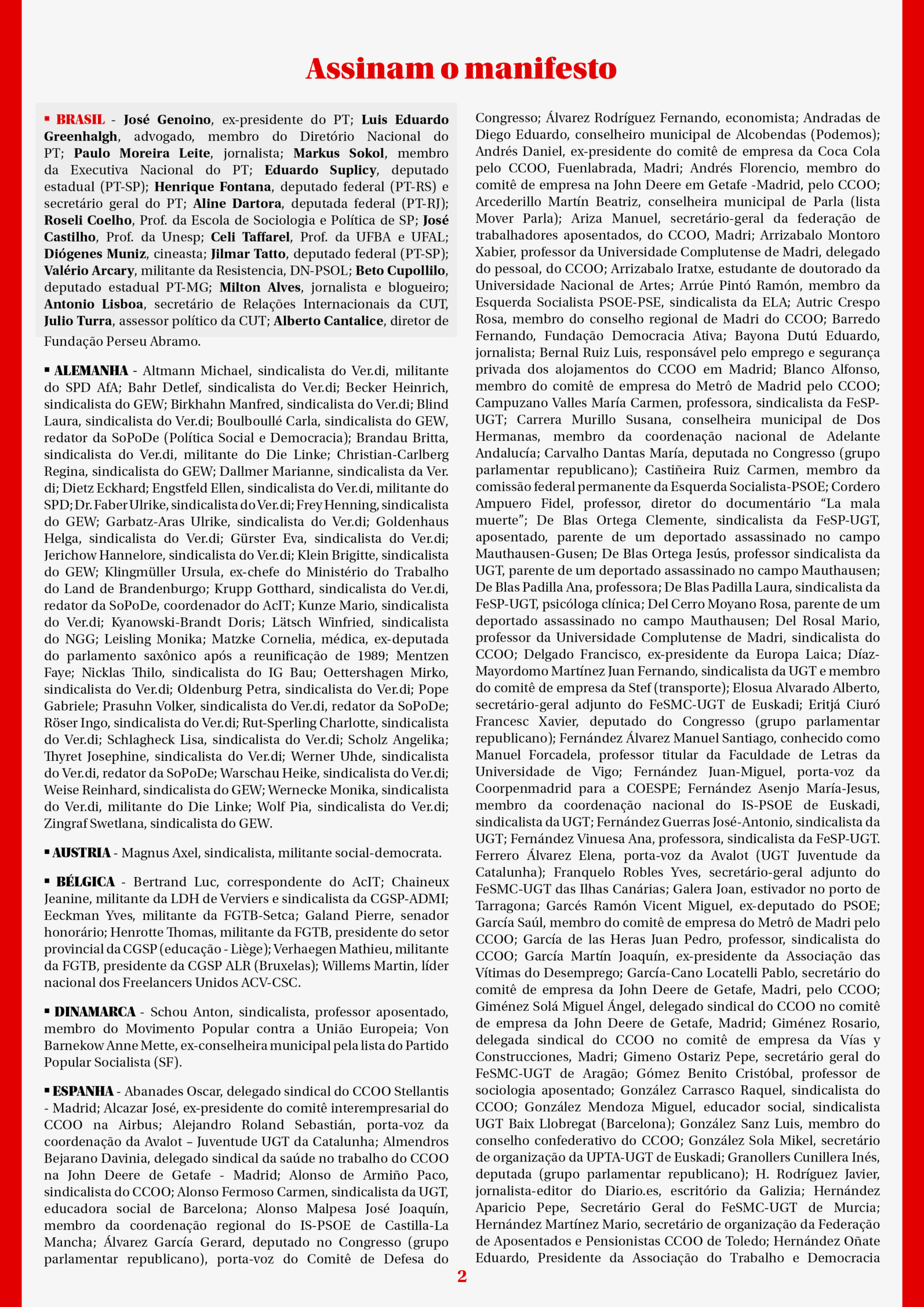 Assinaturas do Manifesto (Brasil, Alemanha, Áustria, Bélgica, Dinamarca, Espanha)